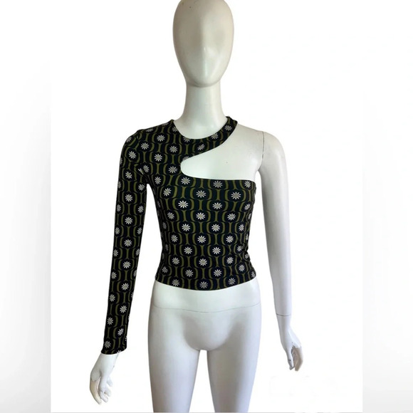 Isalis Floral Green Crop One Shoulder Cut Out Asymmetric Top Size Medium - Picture 1 of 7